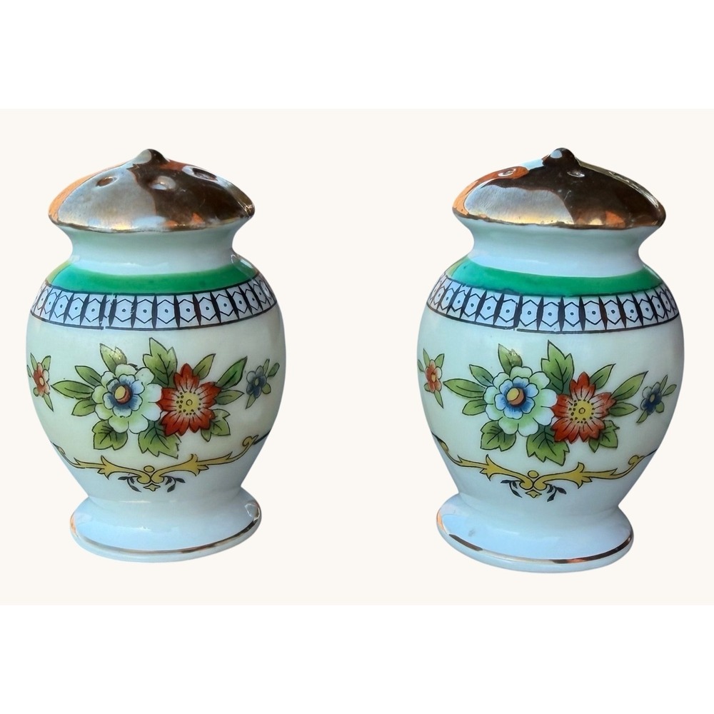 Vintage Salt and Pepper Shakers Set Porcelain Japan Floral Gold Top 2.5''
